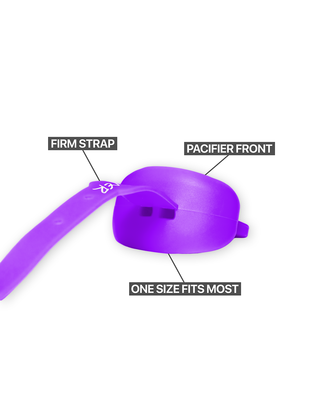 Dreamer Mouthguard in Purple, pacifier front and strap detail