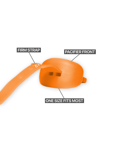 Dreamer Mouthguard in Orange, pacifier front and strap detail