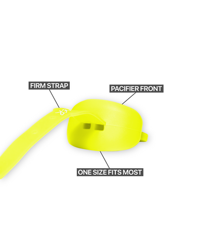 Dreamer Mouthguard in Yellow, pacifier front and strap detail